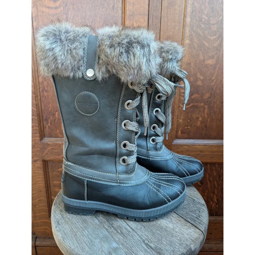 London Fog Melton 2 Womens Winter Boots Faux Fur Grey Black Duck Boots LS017B